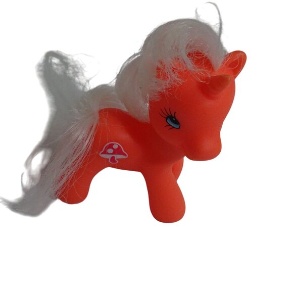 Orange Unicorn Pony Figure With Mushroom Symbol White Mane and Tail 3 Inch - Picture 3 of 5
